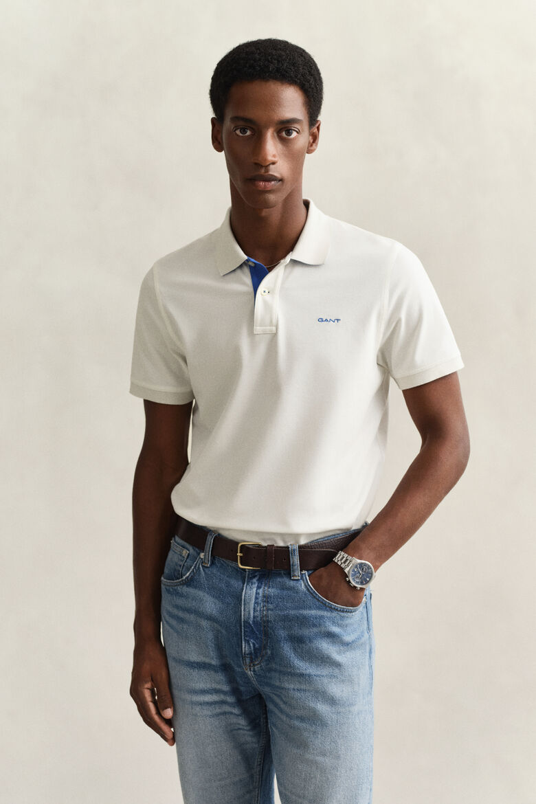 Gant Kontrast Piqué Poloshirt in Eggschell / blau Polo aus Baumwolle