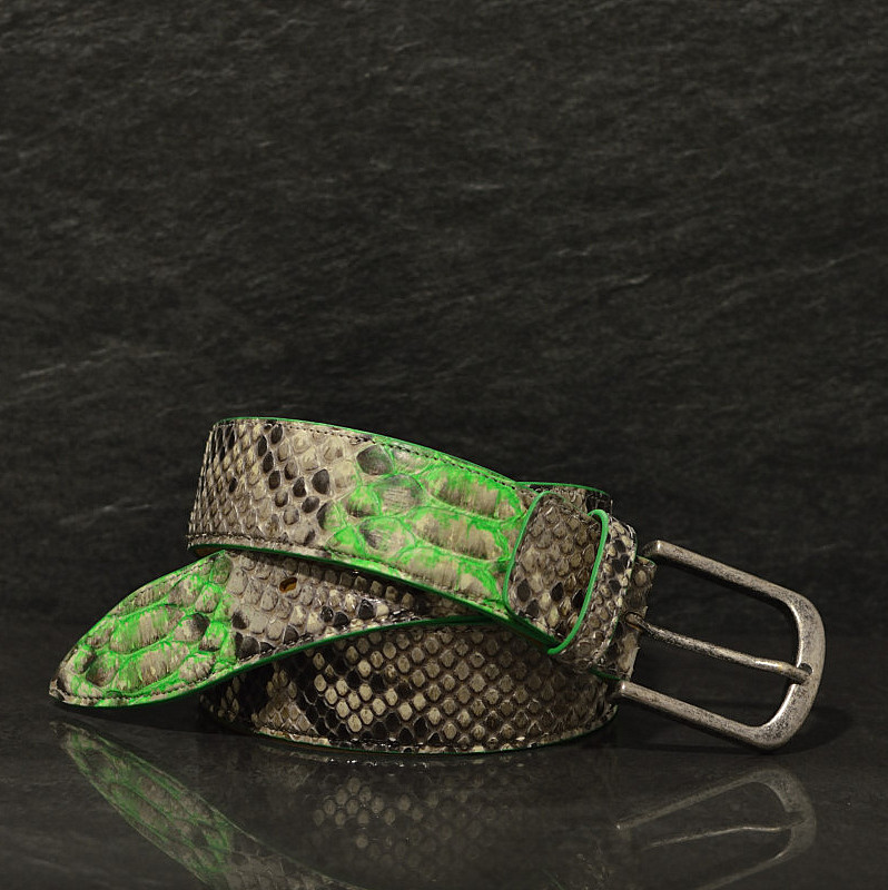 Ralph Gladen Pythonleder Gürtel Schlangenleder Sonderbreite 4,5cm in natur / neon grün