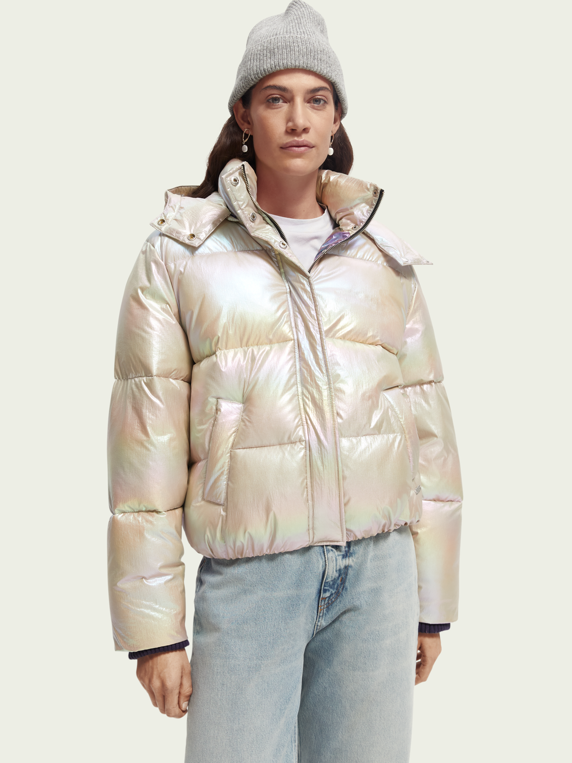 Scotch&Soda Water-repellent puffer jacket with removable hood in Silver Metallic