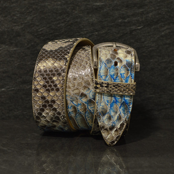 Ralph Gladen Pythonleder Gürtel Schlangenleder Sonderbreite 4,5cm in natur / electric blue