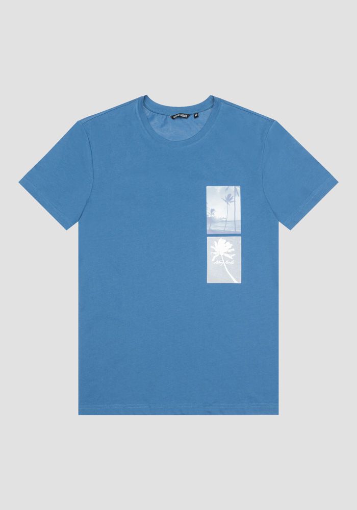 Antony Morato T-SHIRT SLIM FIT MIT PALMEN-PRINT in blau