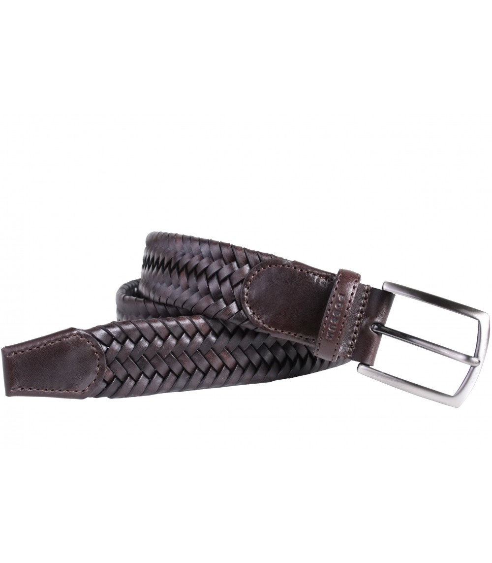 Possum elastischer geflochtener Gürtel aus gebundenem Leder mit schwarzer Satin-Nickel-Schnalle 