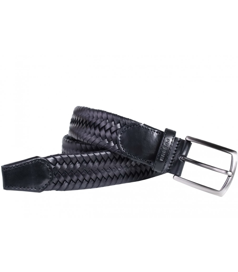 Possum elastischer geflochtener Gürtel aus gebundenem Leder mit schwarzer Satin-Nickel-Schnalle