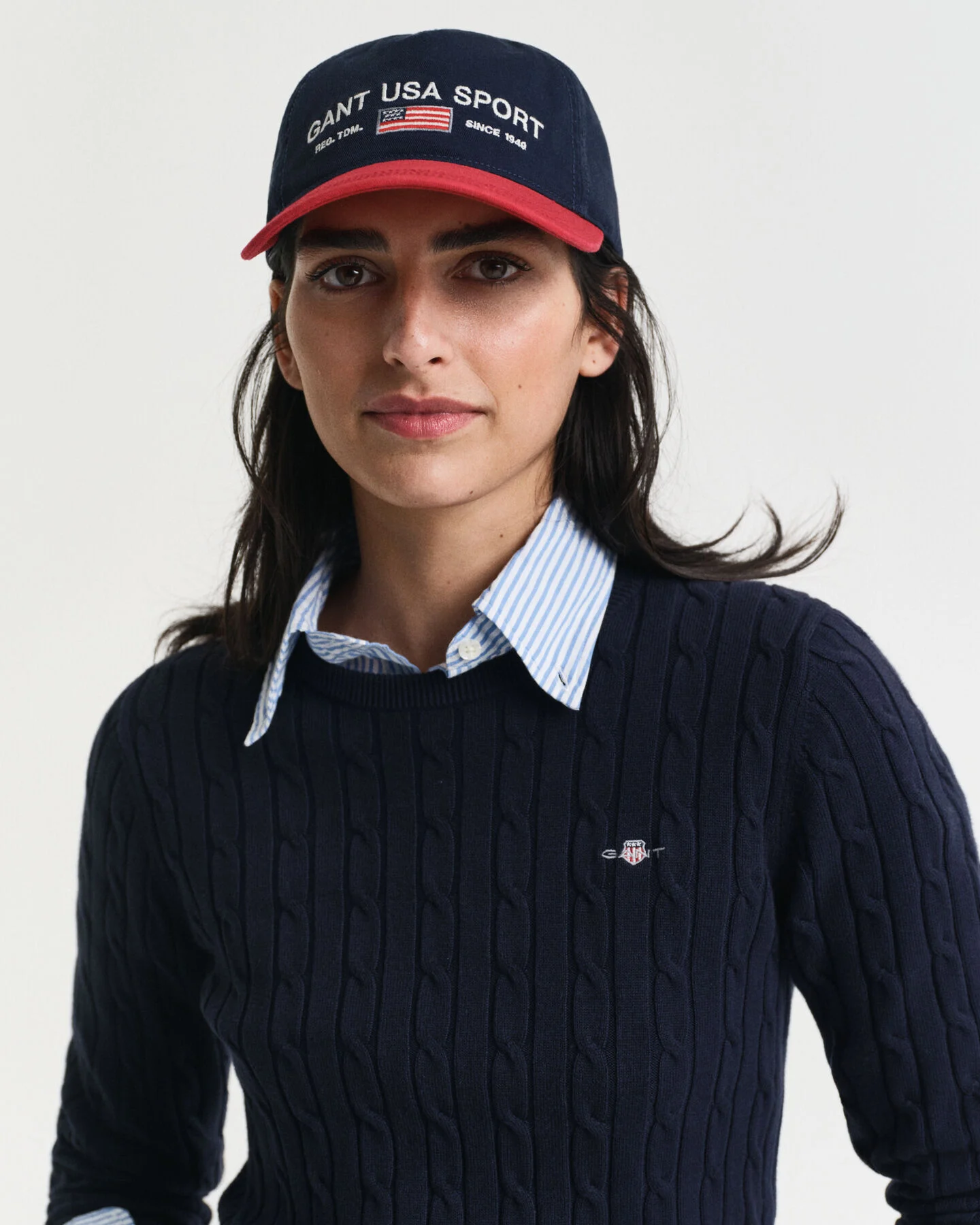 GANT Zopfstrick Rundhalspullover aus Stretch-Baumwolle in blau / CABLE C-NECK