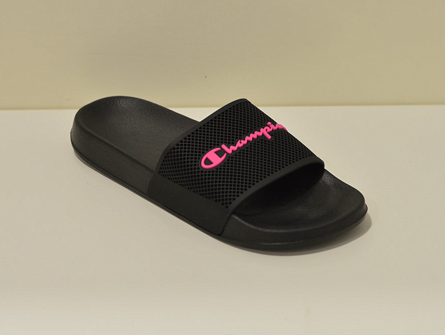 Champion Damen Pantoletten/ Badelatschen Slide DAYTONA Schwarz  mit pinker Logo-Applikation 