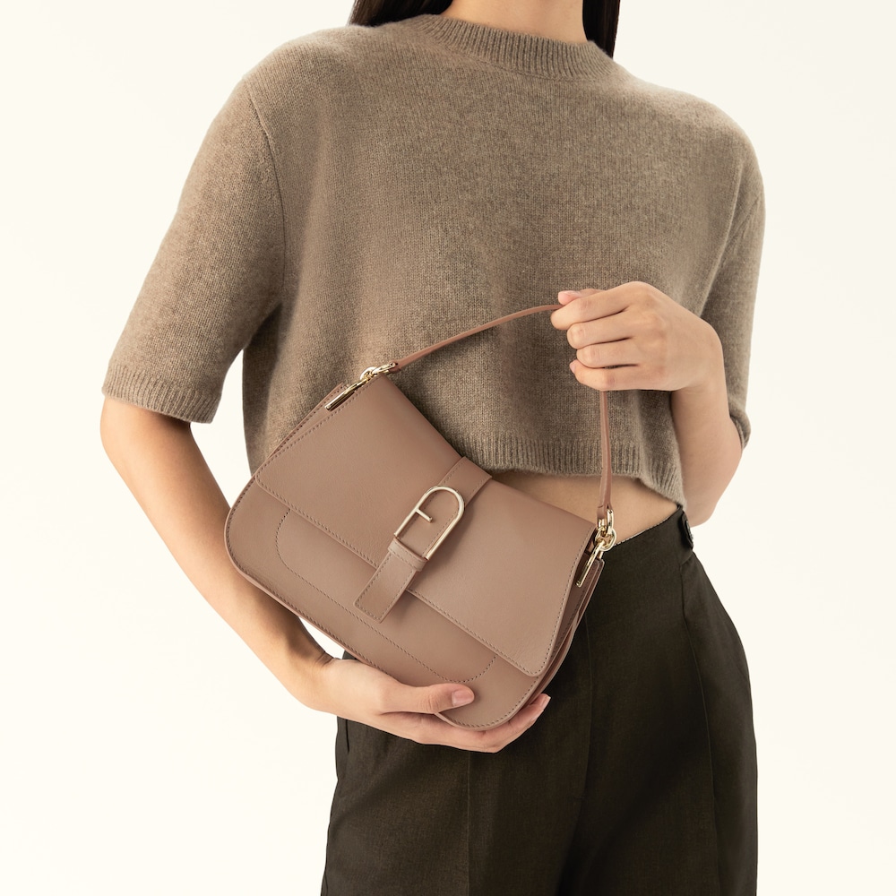 Furla Flow Top Handle aus geschmeidigem Nappaleder in Greige 