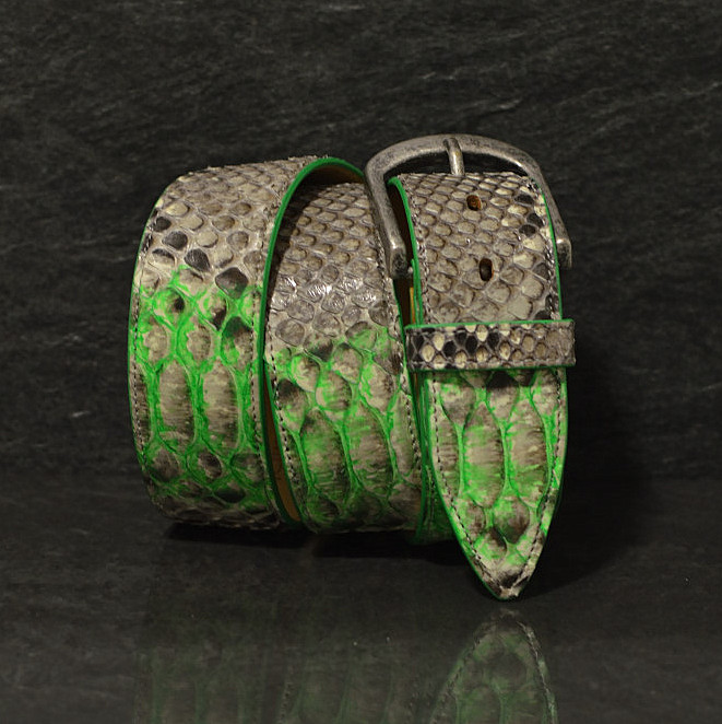 Ralph Gladen Pythonleder Gürtel Schlangenleder Sonderbreite 4,5cm in natur / neon grün