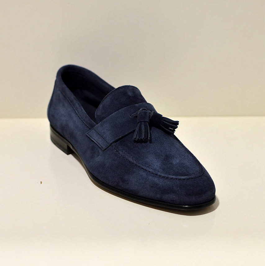  Berwick 1707 Tassel Loafer aus englischem Wildleder in blau mit genähter Ledersohle / Mokassin 