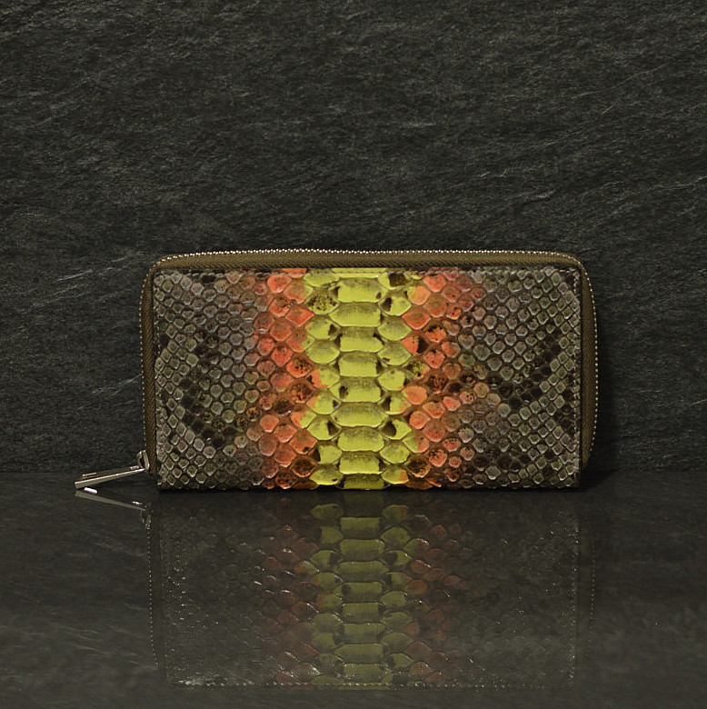 Ralph Gladen Pythonleder Zippwallet Schlangenleder Geldbörse in gelb / orange / grau