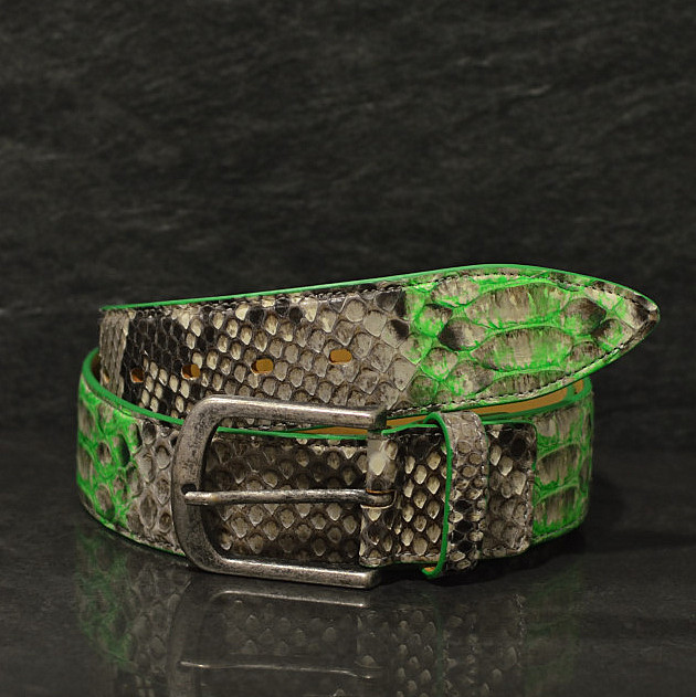 Ralph Gladen Pythonleder Gürtel Schlangenleder Sonderbreite 4,5cm in natur / neon grün
