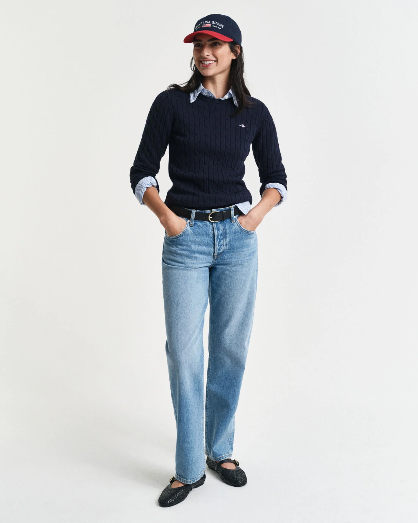 GANT Zopfstrick Rundhalspullover aus Stretch-Baumwolle in blau / CABLE C-NECK