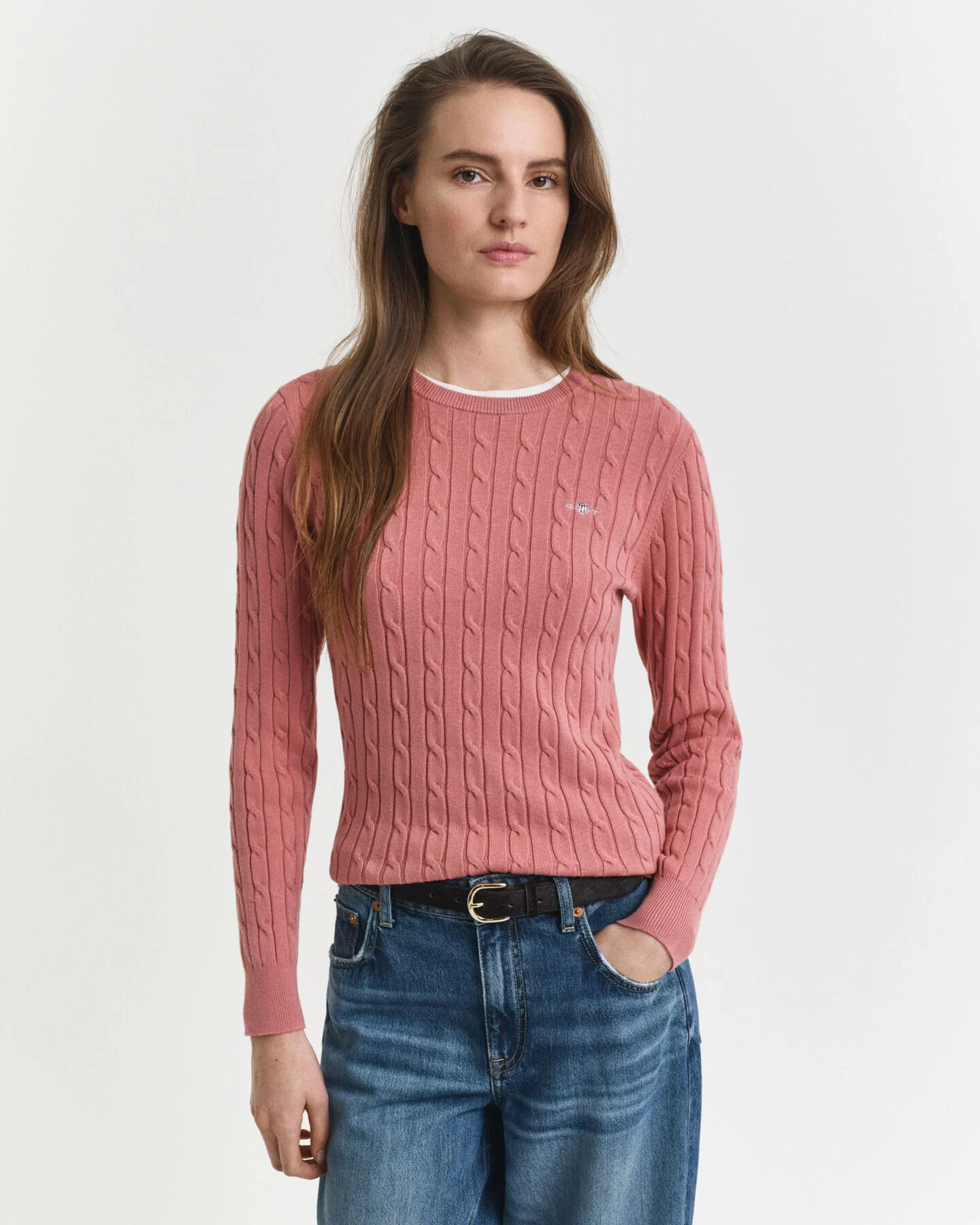 GANT Zopfstrick Rundhalspullover aus Stretch-Baumwolle in faded brick