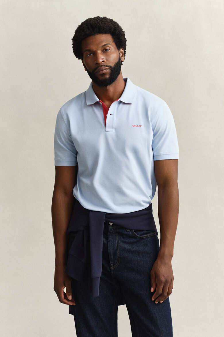 Gant Kontrast Piqué Poloshirt in Fresh blue / red Polo aus Baumwolle