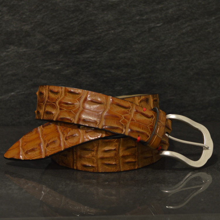 Fausto Colato Krokodilleder Gürtel Breite 4,0 cm cognac Crocodile Hornback