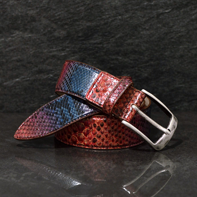 Ralph Gladen Schlangenleder Gürtel Python Breite 4,0cm in vintage rot / blau