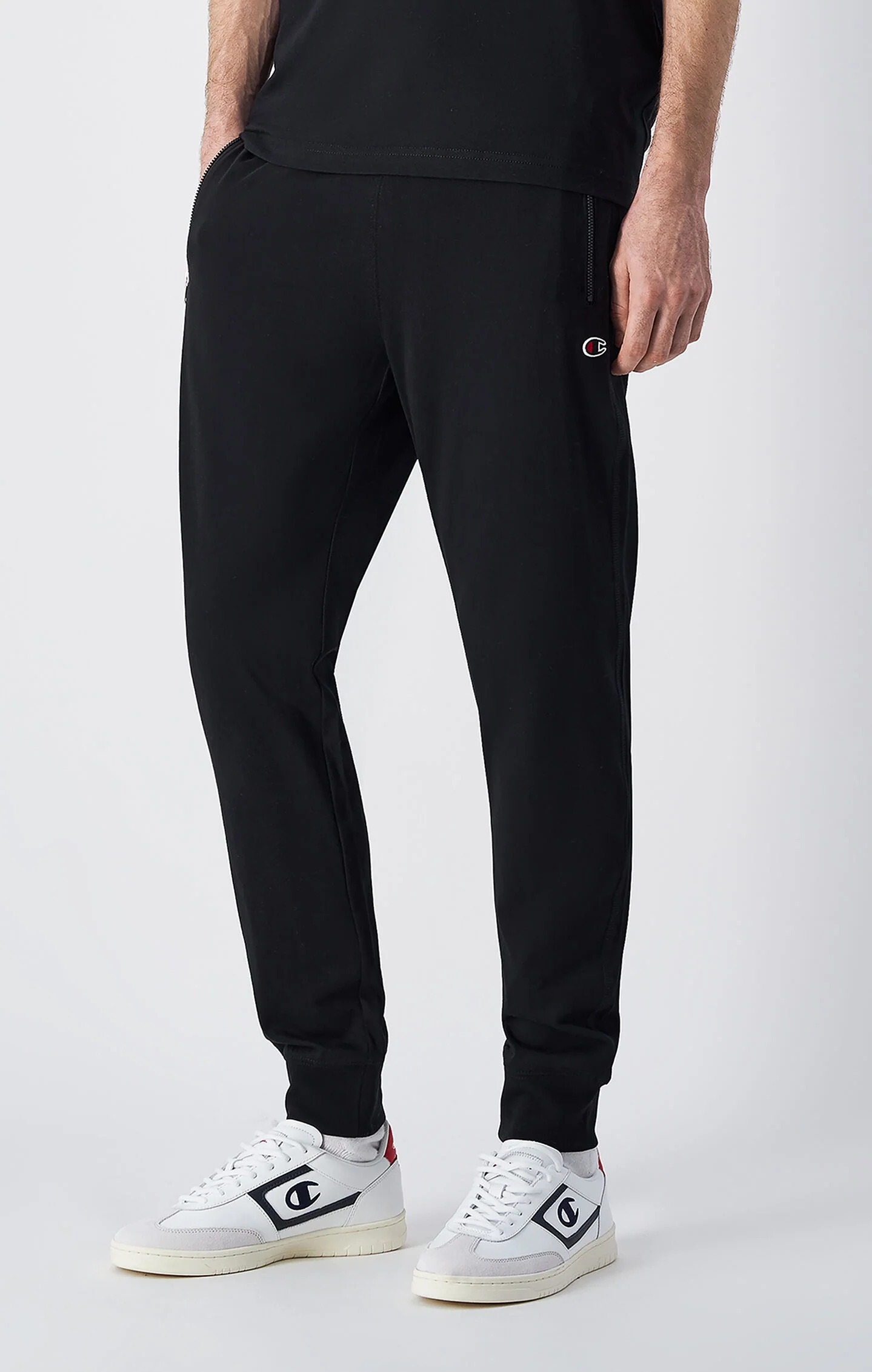 Champion Slim Fit Herren Leichte Rib Cuff Pants mit Reißverschlusstaschen Icons Schwarz