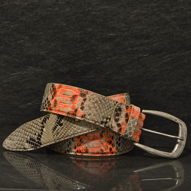 Ralph Gladen Pythonleder Gürtel Schlangenleder Sonderbreite 4,5cm in natur / neon orange