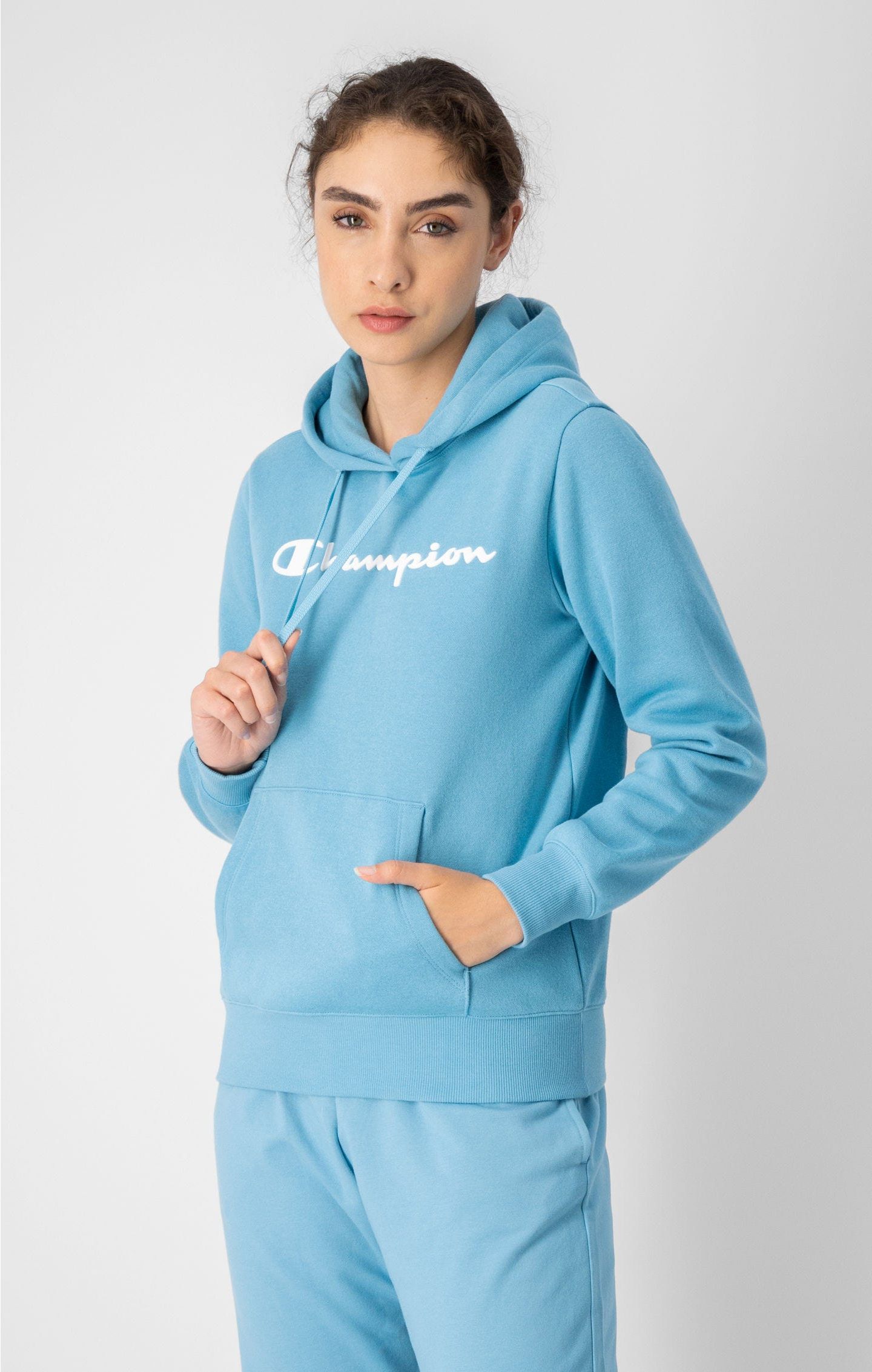 Champion Legacy Kapuzenpullover aus Baumwollfleece mit großem 3D Schriftzug in hellblau