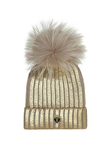RockandBlue Mütze X mit großem echt Pelz Bommel Gold / Pelz String  passend für Zora Beam und Ciara 