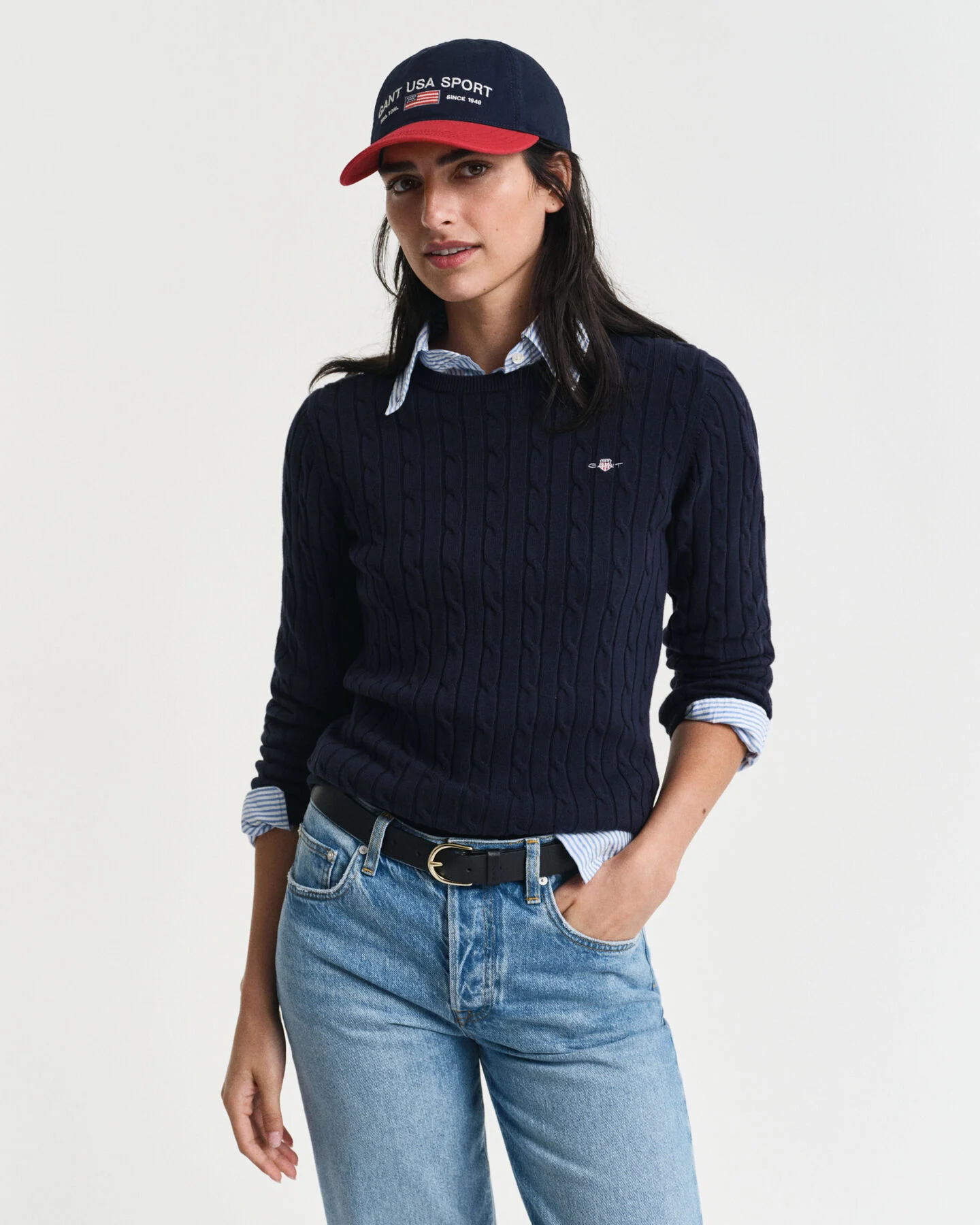 GANT Zopfstrick Rundhalspullover aus Stretch-Baumwolle in blau / CABLE C-NECK