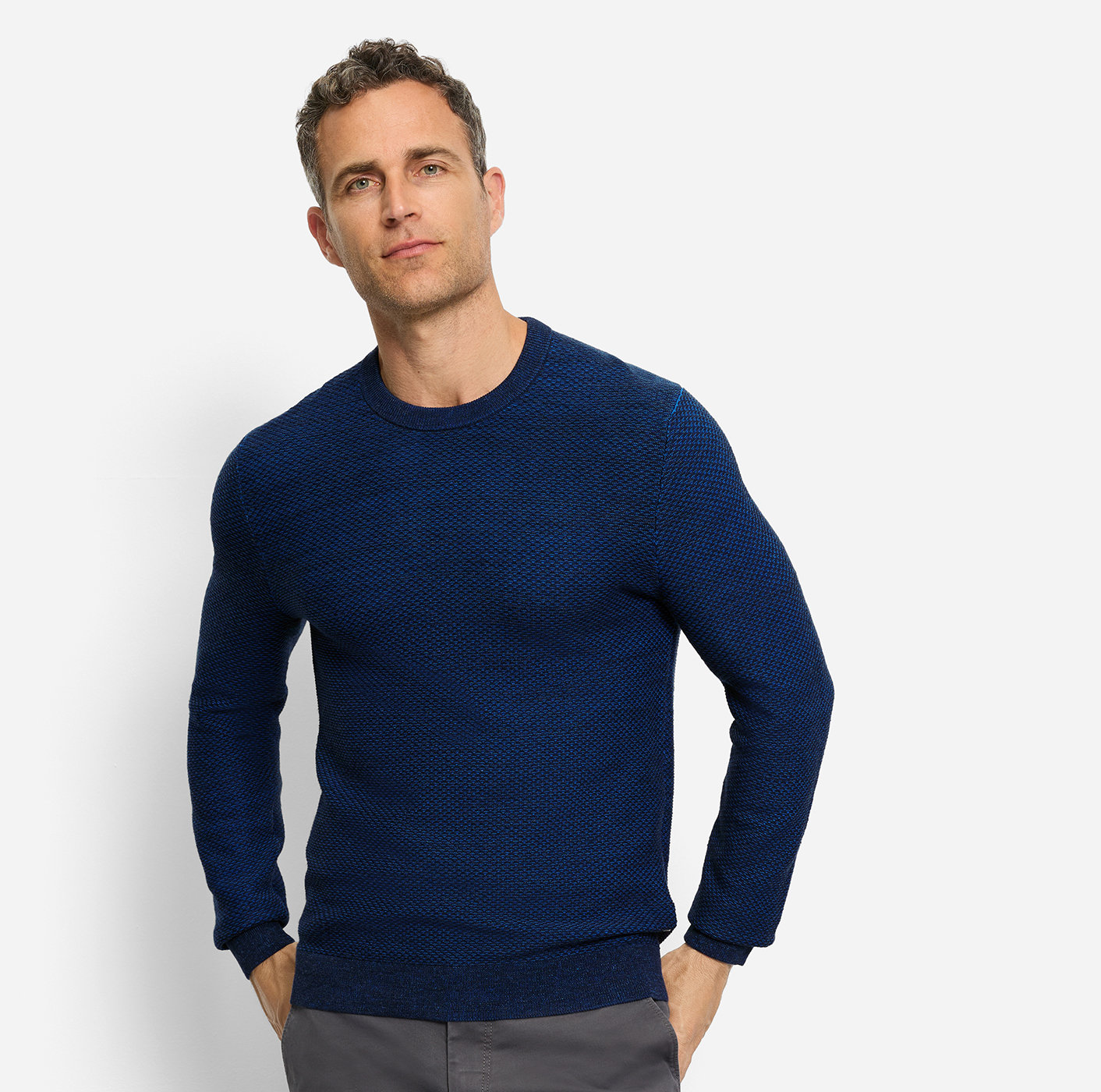 OLYMP Casual Baumwoll Pullover aus Strukturstrick in melierter Optik / Marine