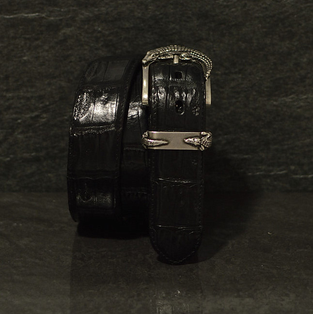 Fausto Colato Kaimanleder Gürtel in Reptilien schwarz Breite 3,5cm / Caimano mit edler Schließe