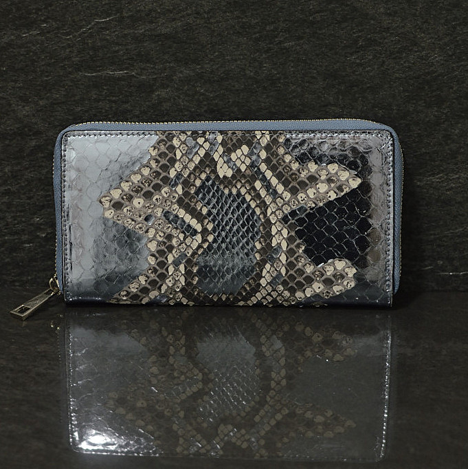 Ralph Gladen Pythonleder Zippwallet Schlangenleder Portemonnaie in blaumetallic / natur