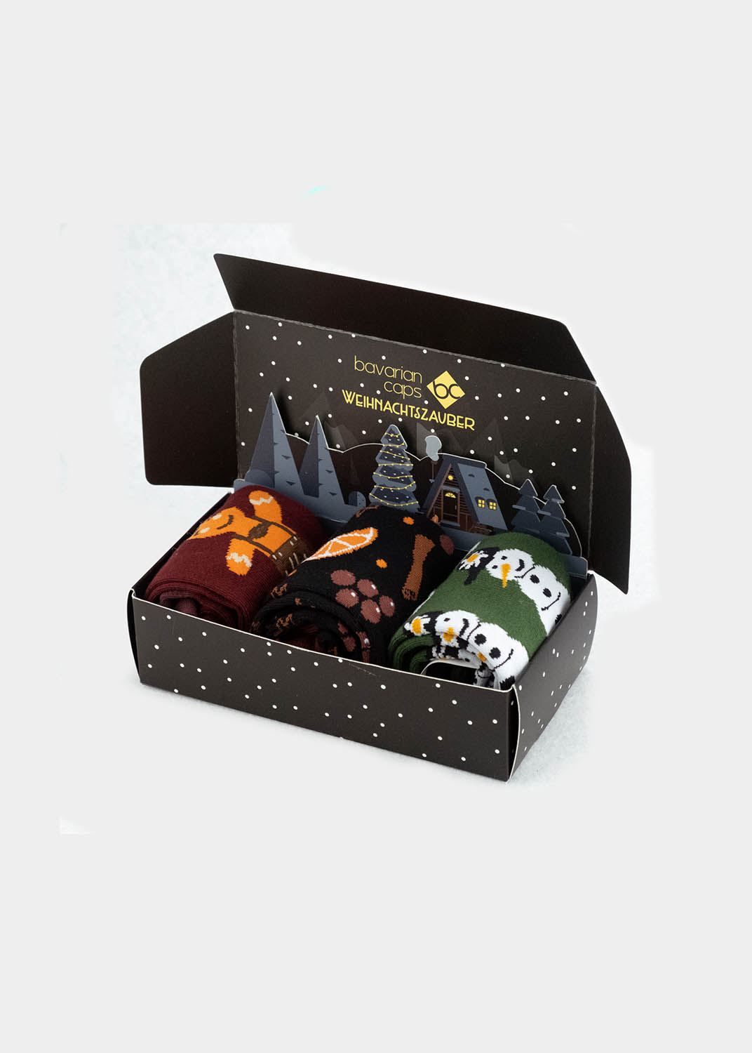 Bavarian Caps 3er Sockenbox "Weihnachtszauber" Lebkuchen / Glühwein / Schneemann