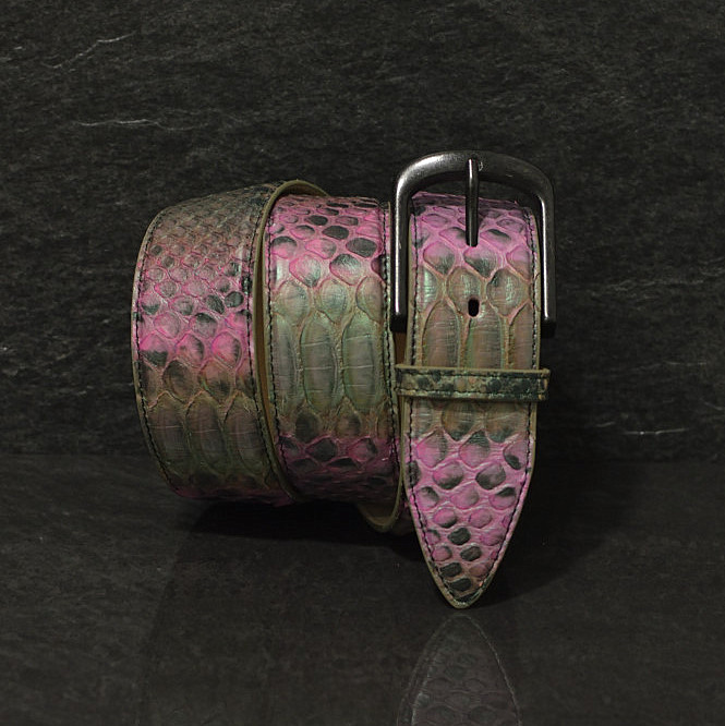 Ralph Gladen Schlangenleder-Gürtel Python Sonderbreite 4,5cm grün / pink metallic glanz