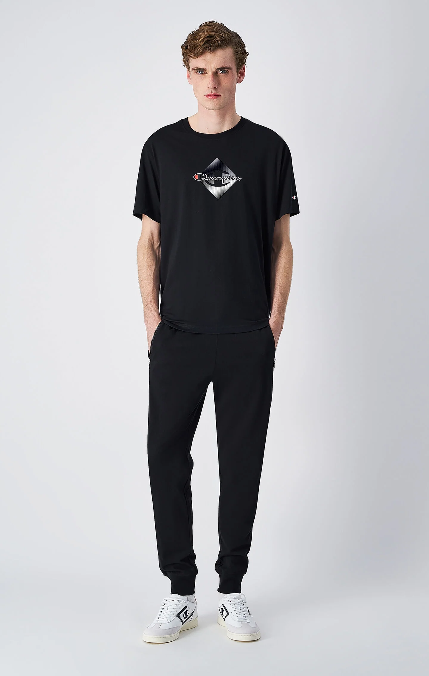Champion Slim Fit Herren Leichte Rib Cuff Pants mit Reißverschlusstaschen Icons Schwarz