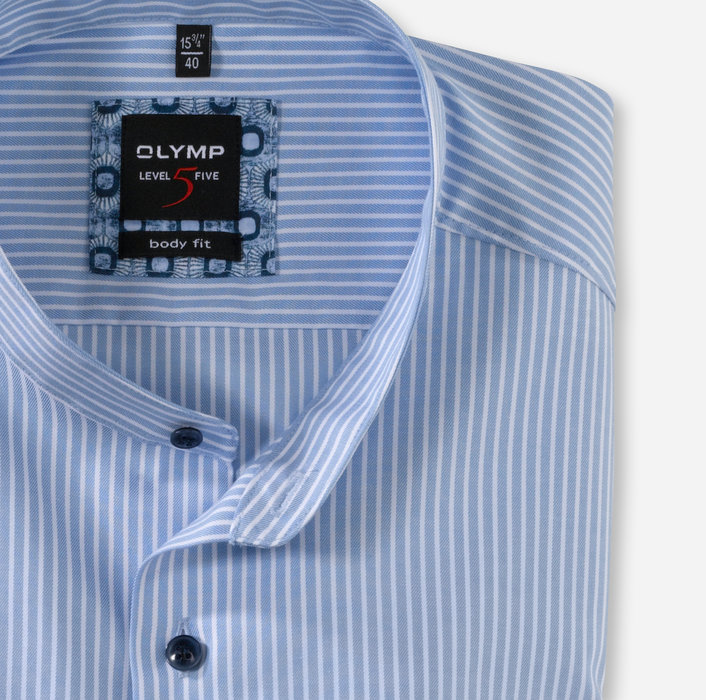 OLYMP Level Five body fit, fein gestreiftes Businesshemd, Stehkragen in blau / weiß 