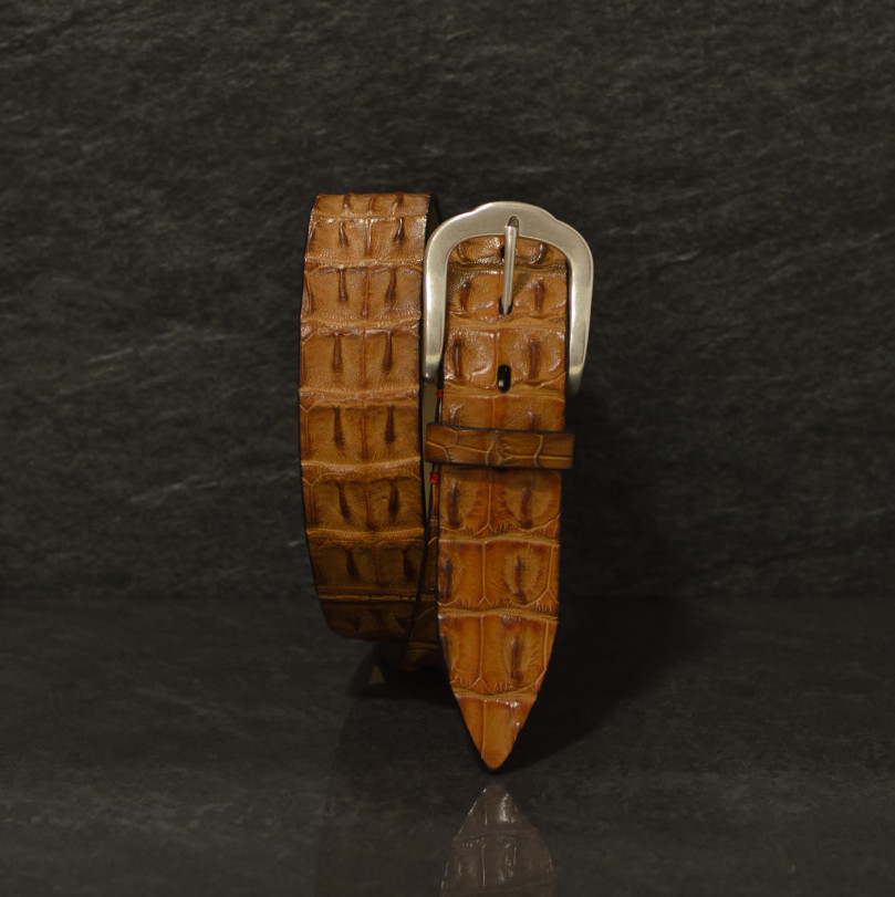 Fausto Colato Krokodilleder Gürtel Breite 4,0 cm cognac Crocodile Hornback