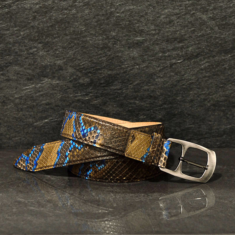 Ralph Gladen Schlangenledergürtel Python Breite 3,5cm in braun / blau