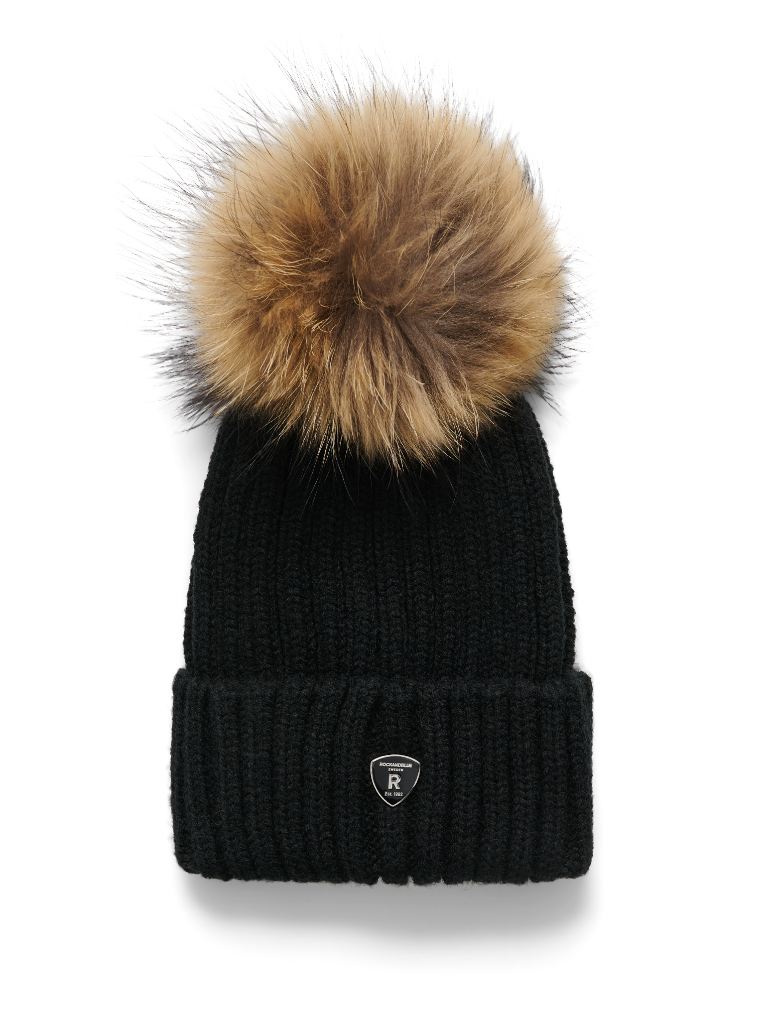 RockandBlue Mütze mit großem echt Pelz Bommel Black/Natur passend für Zora Beam und Ciara