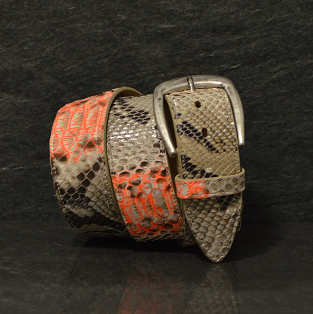 Ralph Gladen Pythonleder Gürtel Schlangenleder Sonderbreite 4,5cm in natur / neon orange
