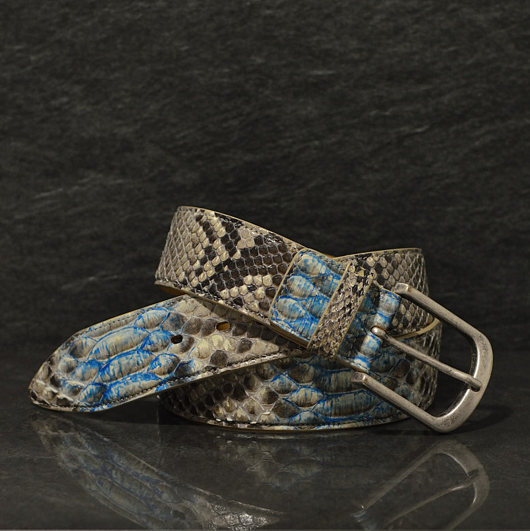 Ralph Gladen Pythonleder Gürtel Schlangenleder Sonderbreite 4,5cm in natur / electric blue