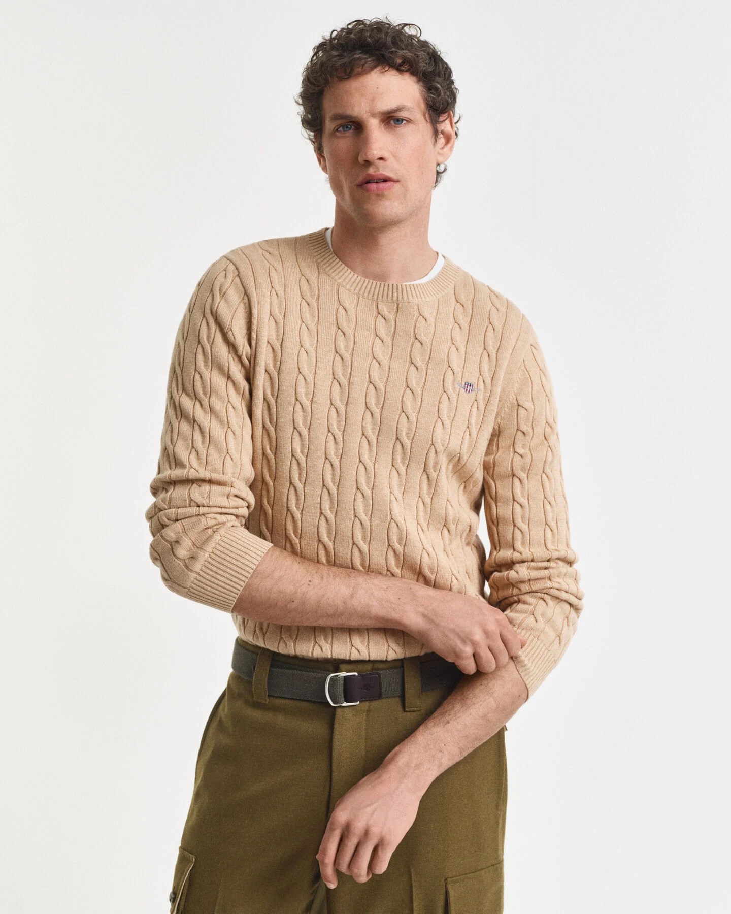 GANT Zopfstrick Rundhalspullover aus Baumwolle in khaki melange CABLE C-NECK