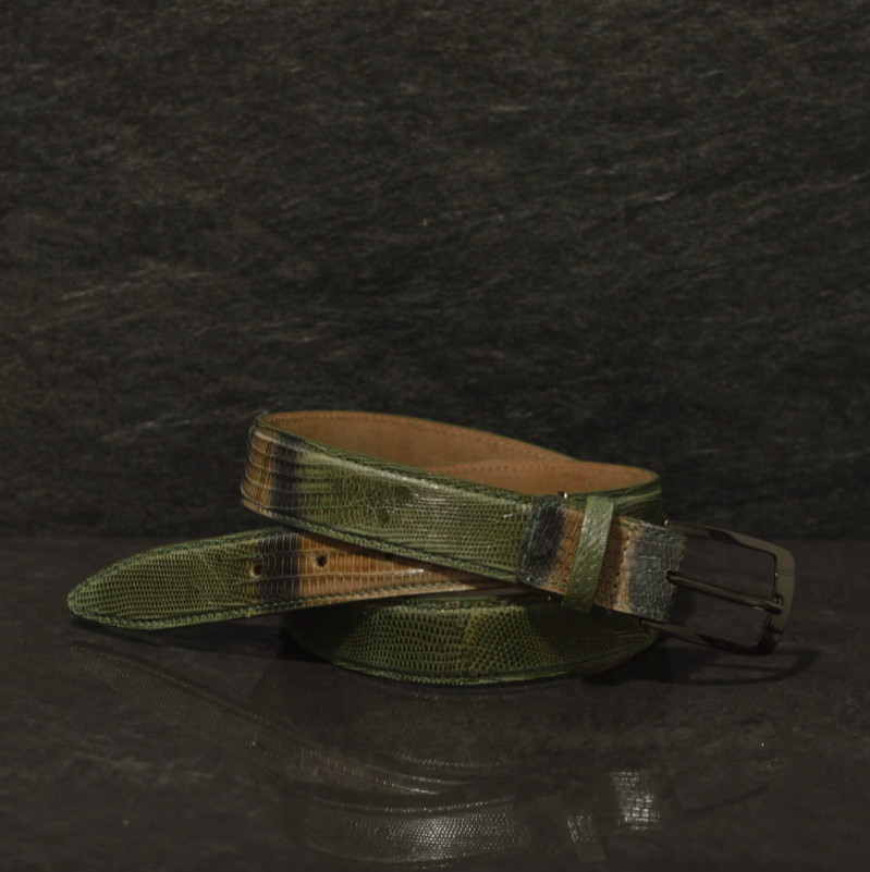 Ralph Gladen Lizard Gürtel Breite 3,0cm in grün-tabak / Eidechsenleder