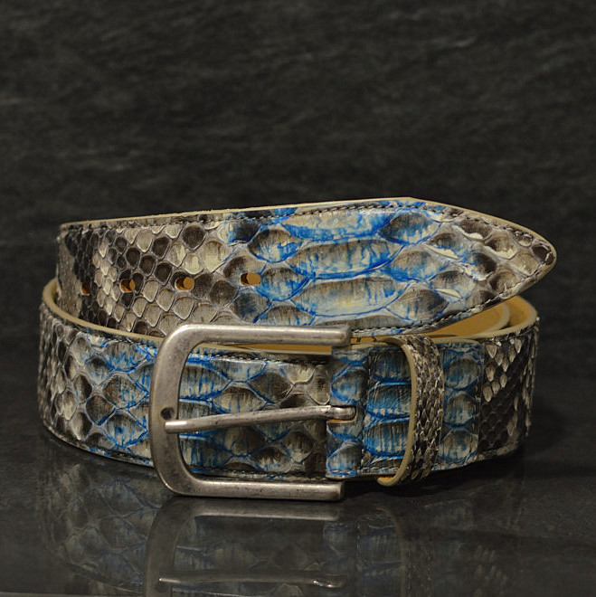 Ralph Gladen Pythonleder Gürtel Schlangenleder Sonderbreite 4,5cm in natur / electric blue