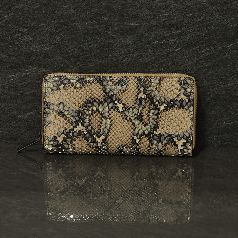 Ralph Gladen Pythonleder Zippwallet Schlangenleder Portemonnaie in natur mit blauer Zeichnung