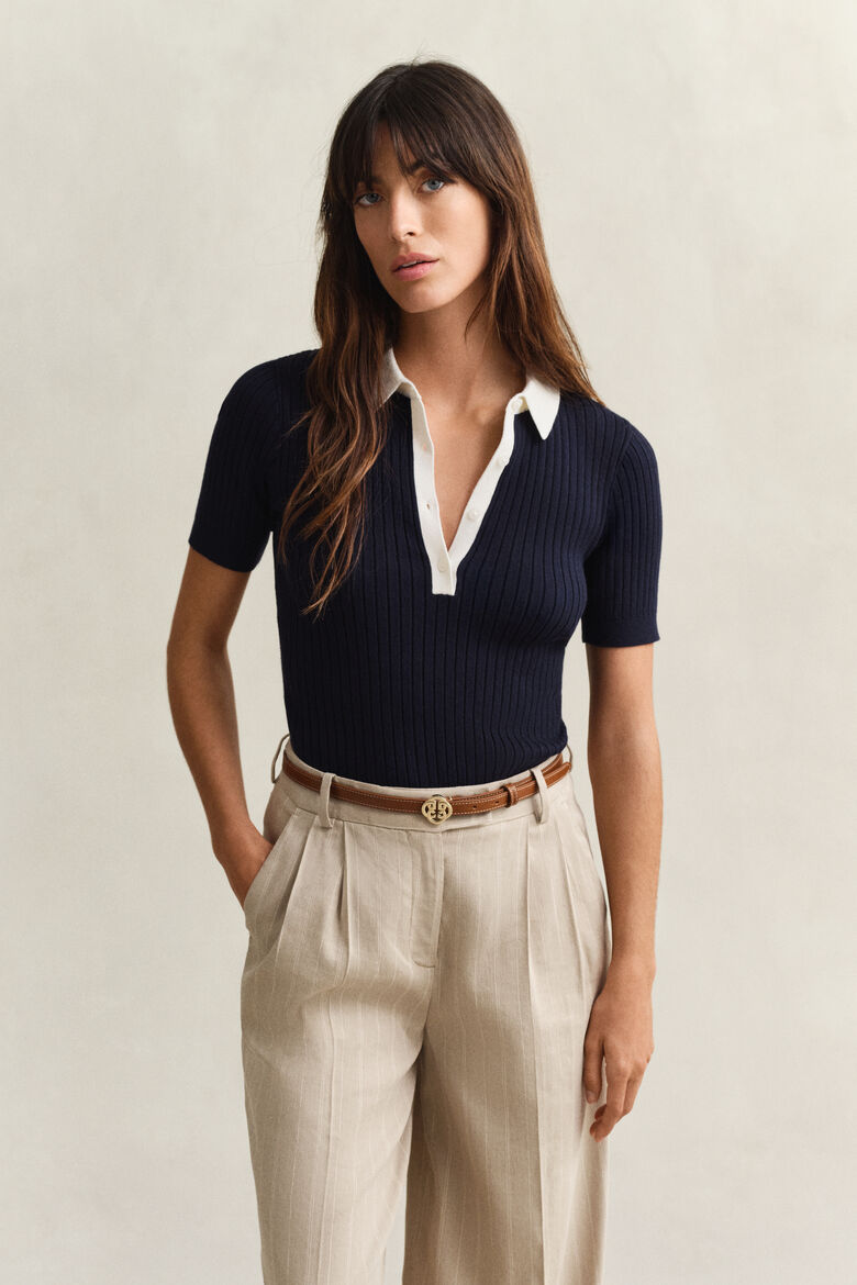 Gant Pullover & Cardigans Gerippter Kurzarm-Rugger in Evening blue