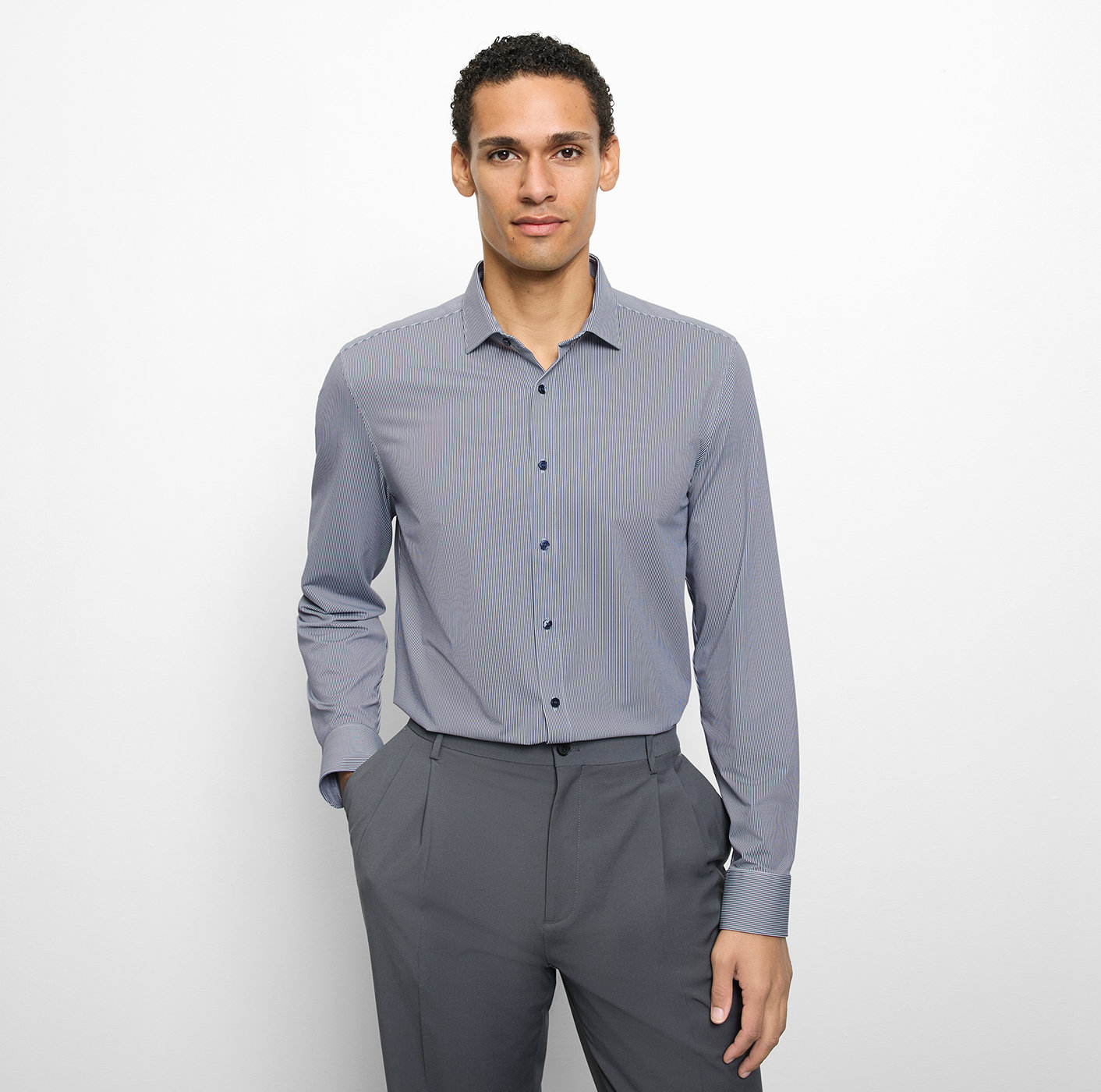 Olymp Level Five 24/Seven Businesshemd mit Strucktur fein gestreift, body fit, Modern Kent, Marine