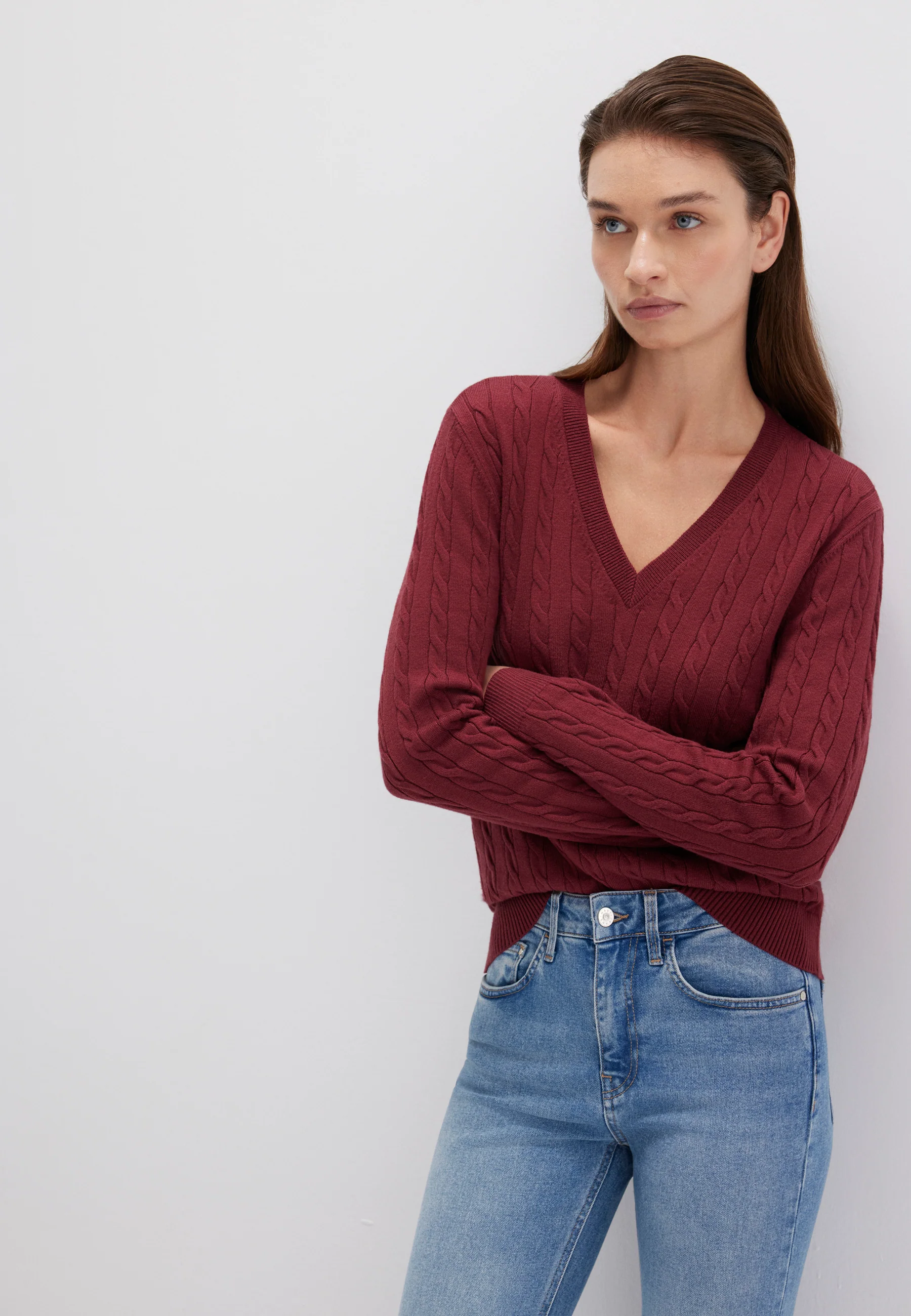 Mavi V-NECK SWEATER | Feinstrick Pullover M1710340-70427 Slim in rot / cordovan