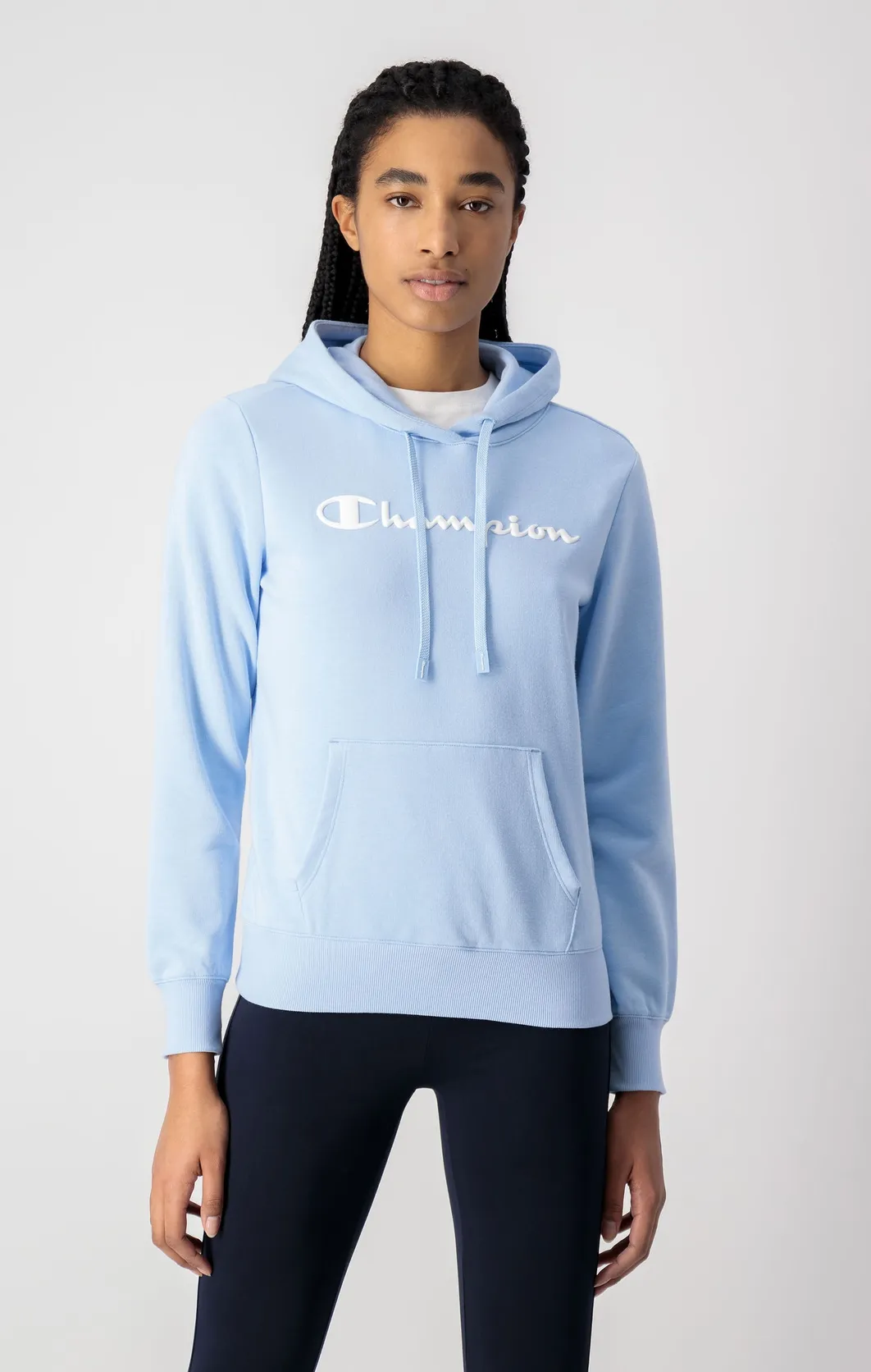 Champion Kapuzenpullover aus Baumwolle mit großem Schriftzug in Hellblau