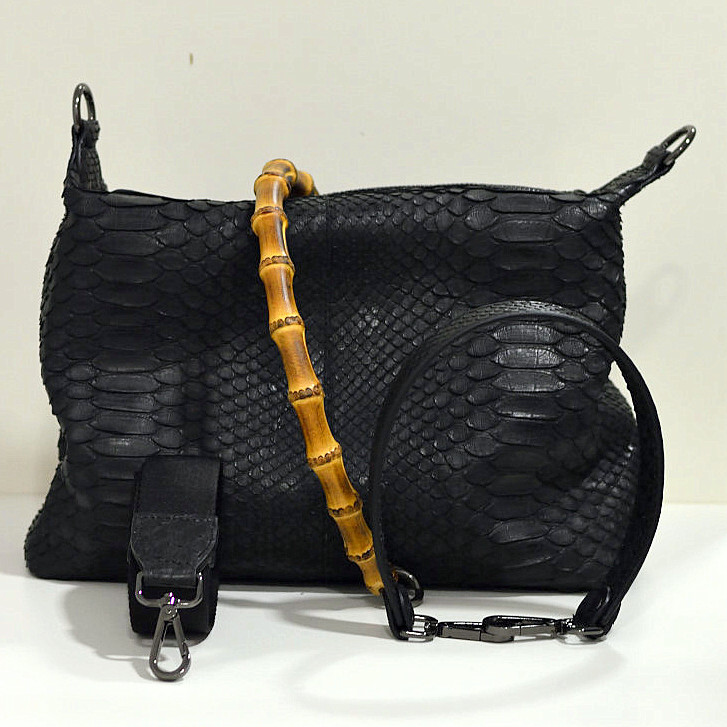 Fausto Colato Schlangenleder-Tasche Python mit Henkel / Griff und Gurt in schwarz