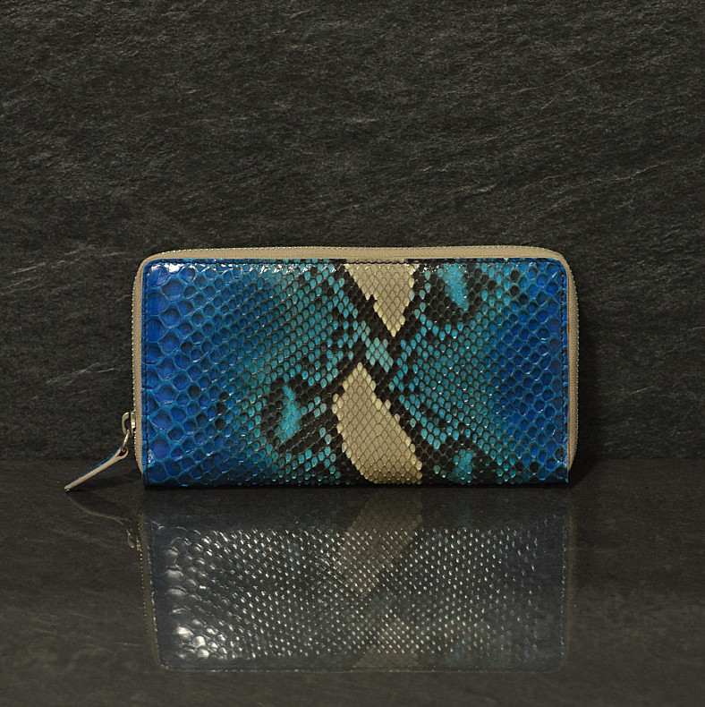 Ralph Gladen Pythonleder Zippwallet Schlangenleder Geldbörse in aqua / natur