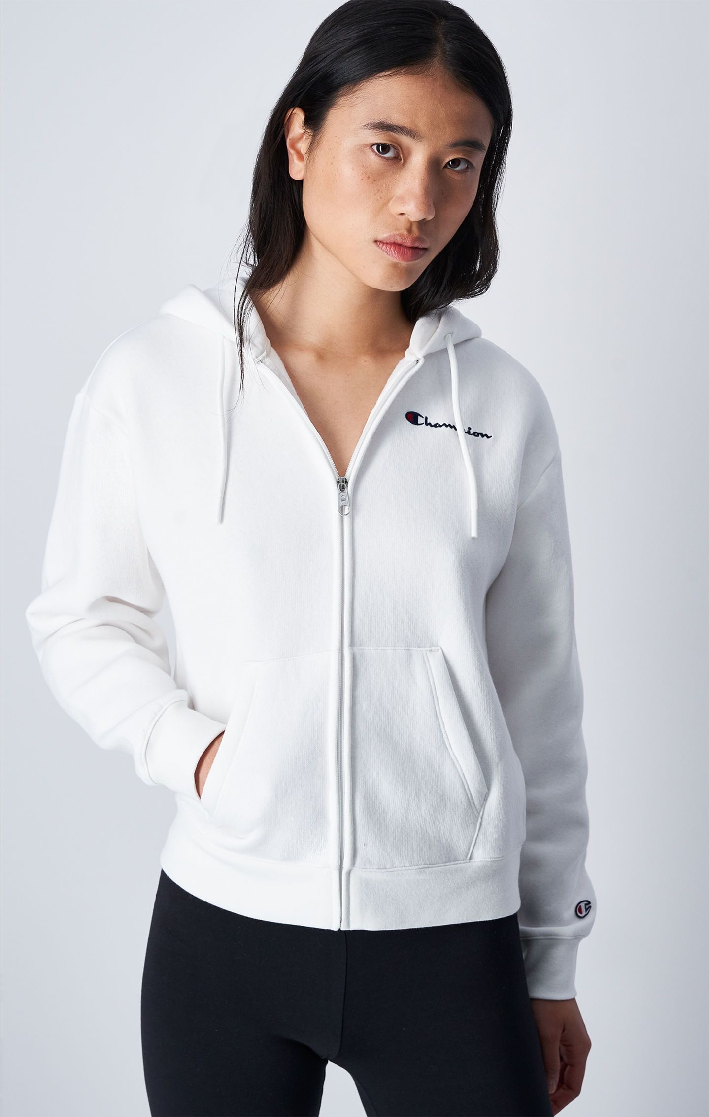 Champion Kapuzenpullover aus leichtem Fleece mit durchgehendem Reißverschluss in Wollweiß