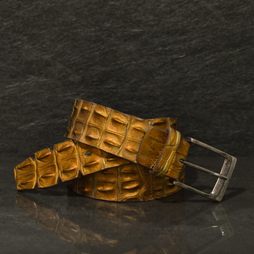 Ralph Gladen Krokodilleder-Gürtel Flosse Sonderbreite 4,5 cm Limeted in metallic gold