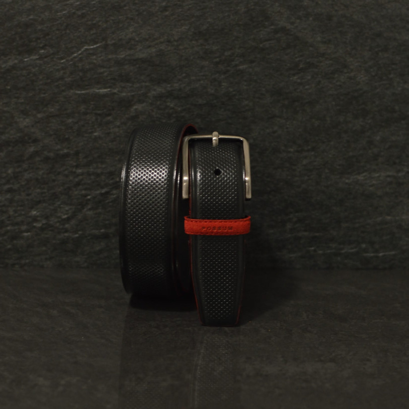 Possum schwarzer Leder Gürtel mit Strucktur und roter Kante in 3,5 cm 