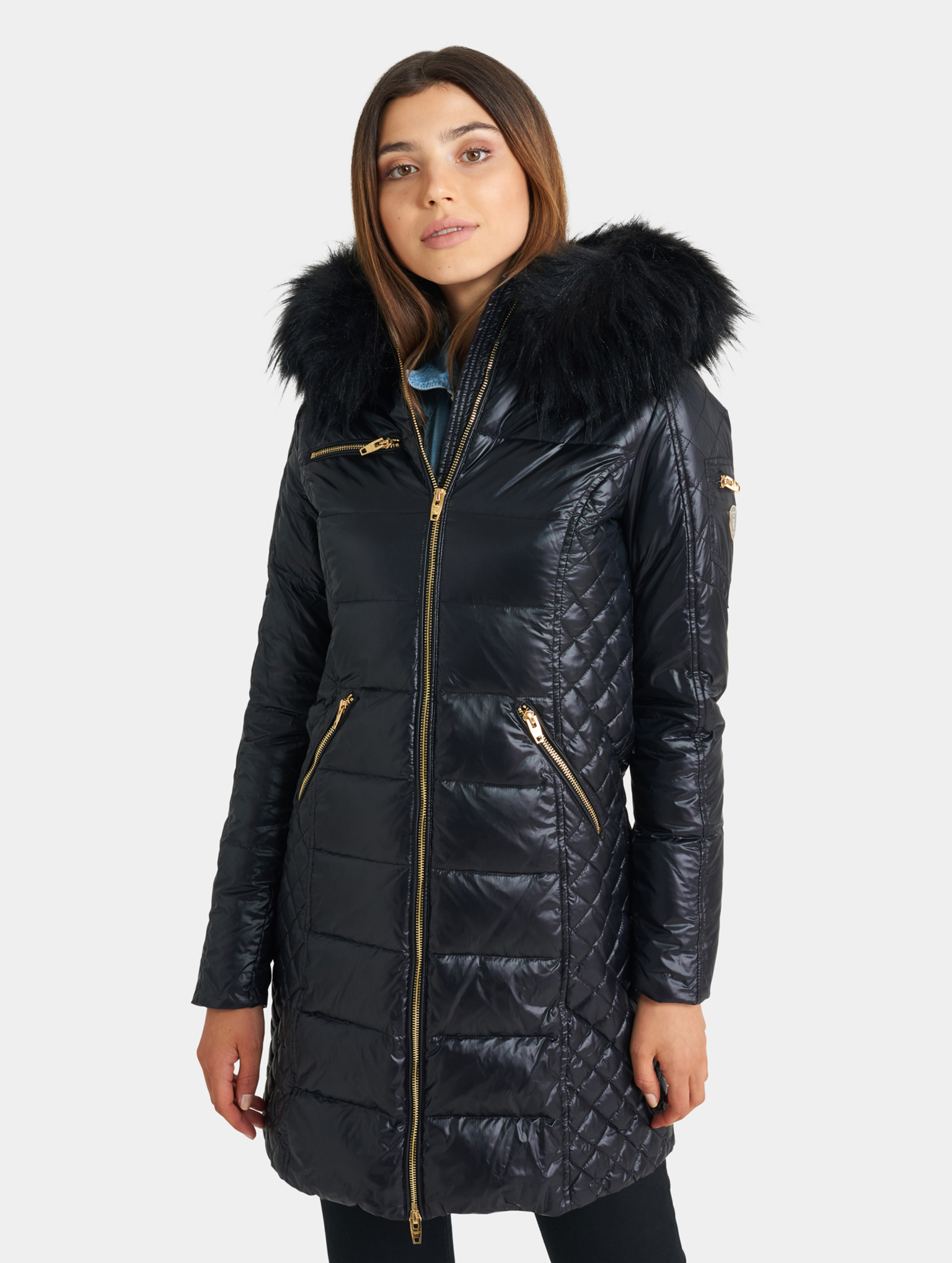 RockandBlue Ciara black / black Daunenmantel mit großem Echtpelz Kragen